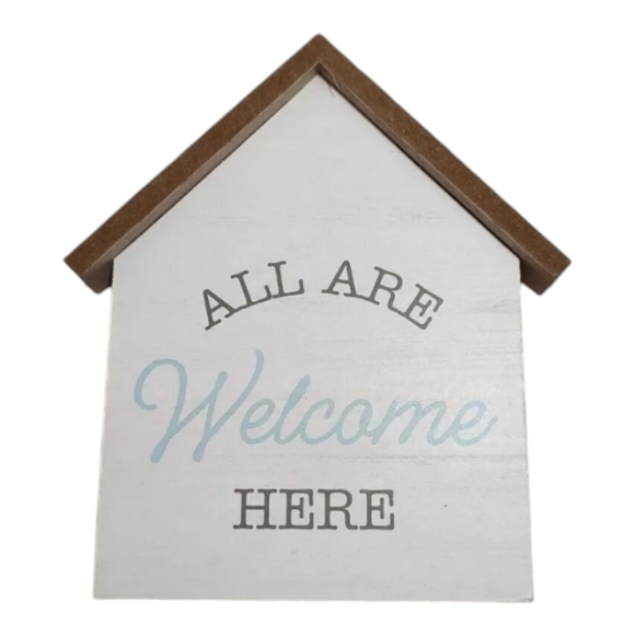 All Are Welcome Here Tabletop Home Decor Sign Plaque Freestanding White Blue - Picture 1 of 5